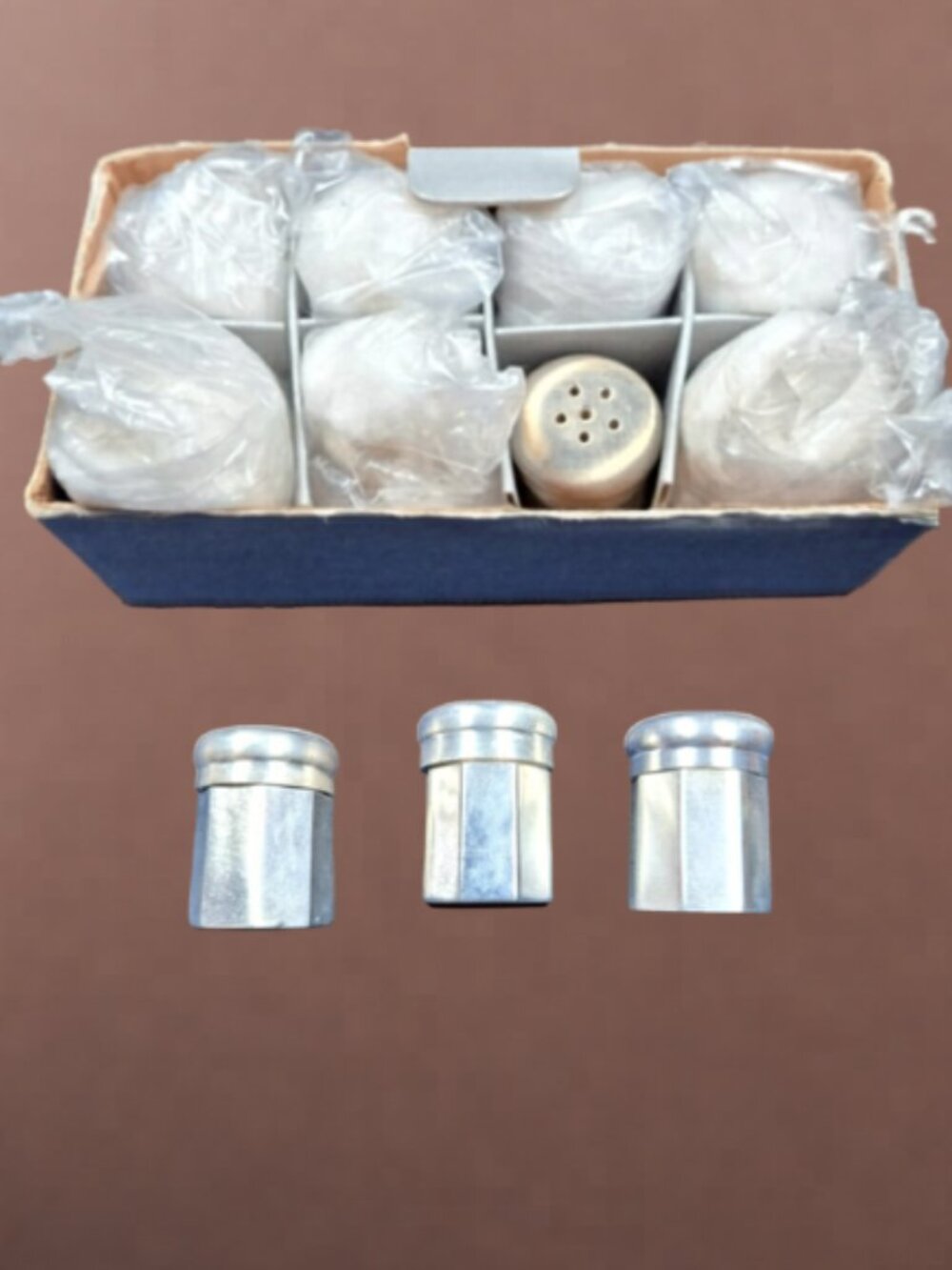 New in Box Pottery Barn Individual Salt & Pepper Shakers Set of 8 Silver Plated